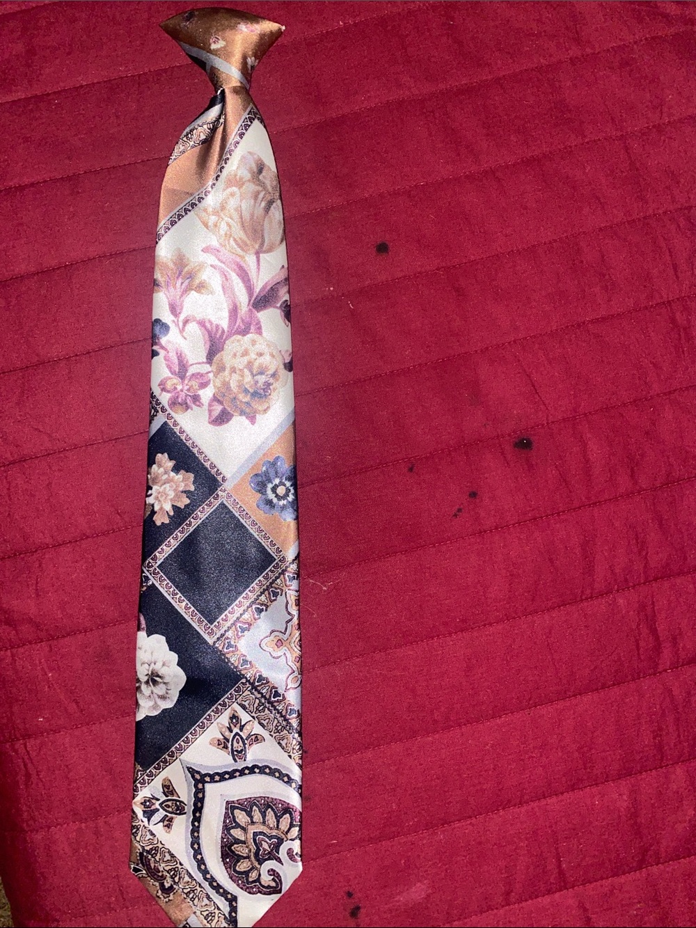Vintage Botany 500 Floral Patchwork Satin Tie in Brown and Cream - Unbranded